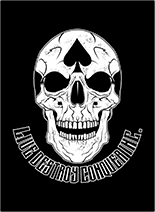 A skull with a black background and white lettering.